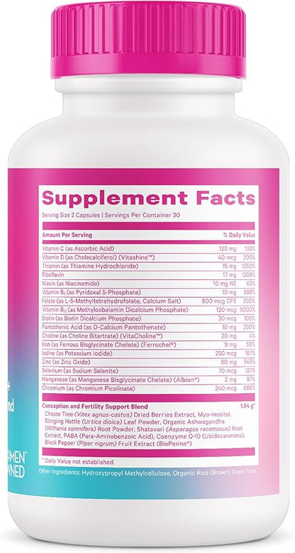Pink Stork Fertility Supplements for Women - Prenatal Multivitamin with Ovulation, Conception, & Hormone Balance Support - 17 Vitamins & Inositol, Ashwagandha, & Vitex - 60 Capsules
