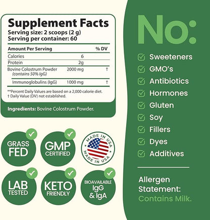 Super Colostrum Grass Fed Bovine Colostrum Powder for Bloating, Immune, Energy, Gut Health Hair, Skin and Nails Colostrum Supplement | 50% IgG Cow Colostrum for Humans | Superfood for Women and Men
