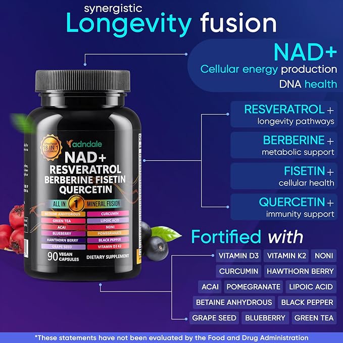 Adndale NAD Supplement, Longevity Formula with NAD, Trans Resveratrol, Quercetin, Betaine Anhydrous, Grape Seed, Fisetin, 180 Capsules