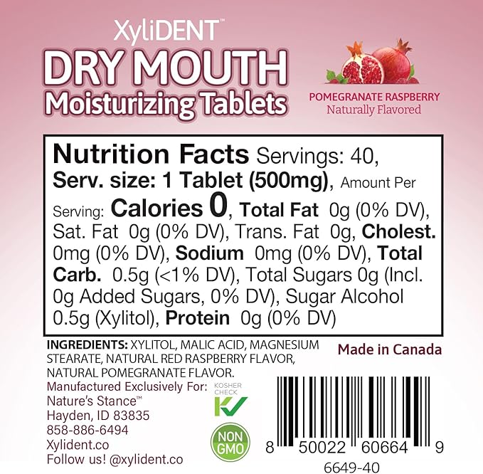 Nature's Stance XyliDENT Xylitol Tablets for Dry Mouth Relief - Stimulates Saliva, Freshens Breath, Reduces Acid Production, Fast Acting Relief, 40 Count (Pomegranate Raspberry)