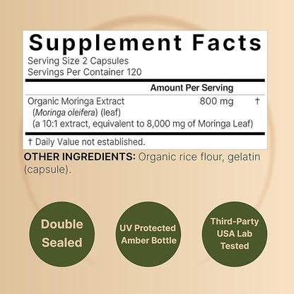 NatureBell Pure Moringa Capsules 8000mg Per Serving - Made with Moringa Powder Organic, 240 Capsules | Green Superfood, Skin Health & Immune Support | Non-GMO, Gluten Free, 4 Month Supply