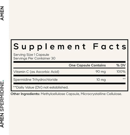 Amen Spermidine Supplement - Spermidine Trihydrochloride Pills with Vitamin C Ascorbic Acid - Only 1 Capsule Per Serving - Vegan, Non-GMO, Gluten-Free - 30 Capsules