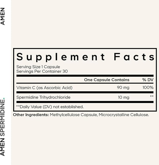 Amen Spermidine Supplement - Spermidine Trihydrochloride Pills with Vitamin C Ascorbic Acid - Only 1 Capsule Per Serving - Vegan, Non-GMO, Gluten-Free - 30 Capsules