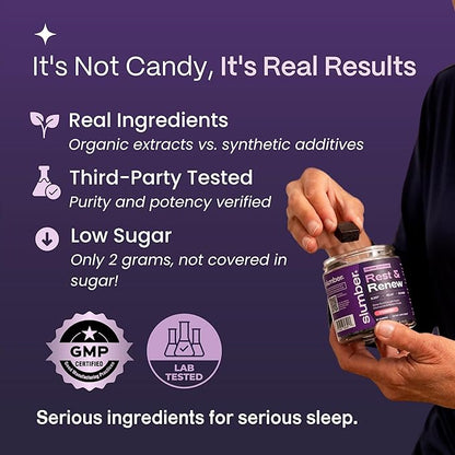 Slumber Rest & Renew Sleep Gummies, Vegan Sleep Aid With Organic Passion Flower, Chamomile, & Pure Reishi Mushroom to Support Relaxation Before Bed, Plant Based, Low Sugar, Strawberry Flavor, 30 Count