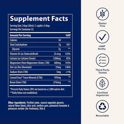 Trace Minerals | Liquid Cal/Mag/Zinc | Calcium, Magnesium, Zinc, Vitamin D3 Supplement | Supports Normal Tissue, Muscle, and Bone Density | Natural Piña Colada Flavor | 32 Servings, 32 fl oz.
