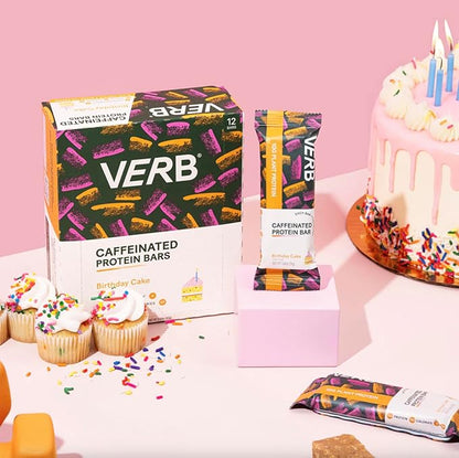 Verb Energy - Caffeinated Protein Bars Birthday Cake 10g Plant Based Protein Bars High Protein - Vegan Snack - Gluten Free Breakfast Snack with Organic Green Tea, 51g (Pack of 12)