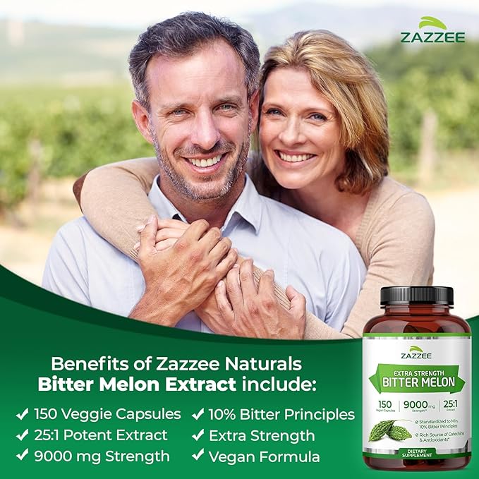 Zazzee Extra Strength Bitter Melon 25:1 Extract, 9000 mg Strength, 10% Bitter Principles, 150 Vegan Capsules, Standardized and Concentrated 25X Extract, 100% Vegetarian, All-Natural and Non-GMO