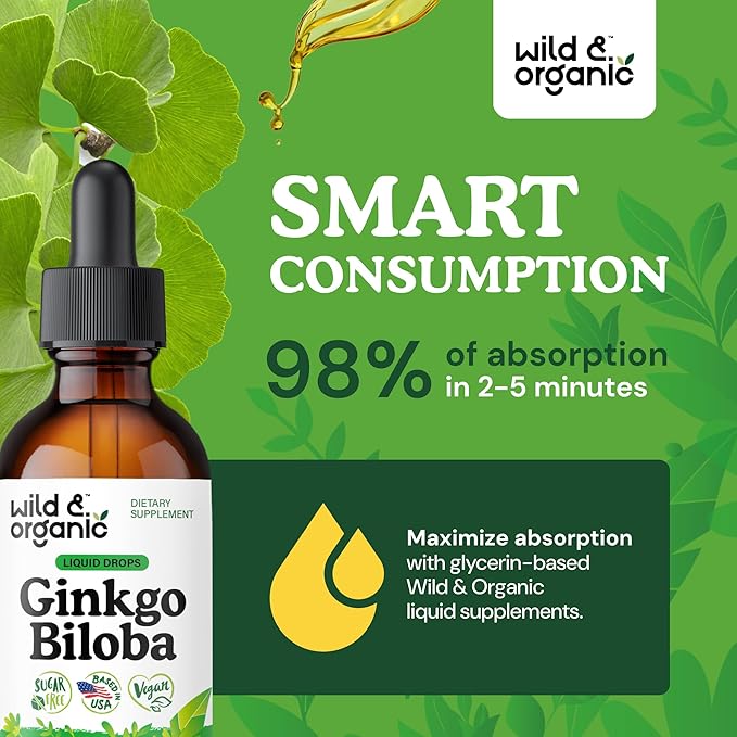 Wild & Organic Ginkgo Biloba Tincture - Brain & Focus Support with Ginkgo Leaf Supplement - Vegan, Sugar & Alcohol-Free Herbal Extract Tincture - 2 fl oz