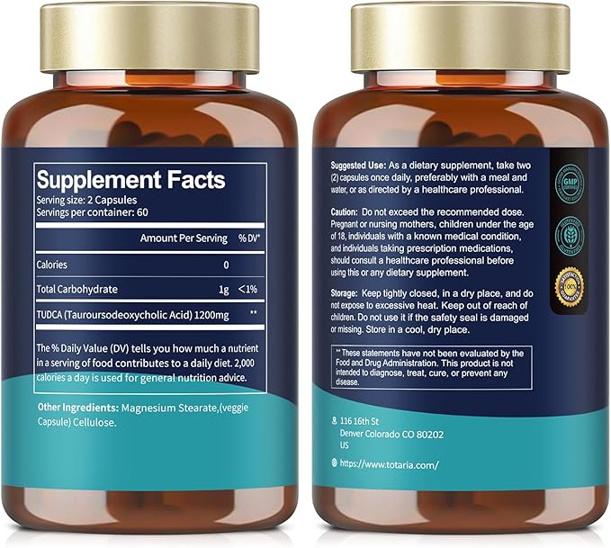 TUDCA Bile Salts 1200mg (Tauroursodeoxycholic Acid), 120 Capsules, Ultra Strength Pure TUDCA Liver Supplements, Liver and Gallbladder Cleanse & Repair, Vegan