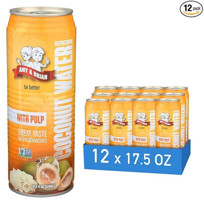 Amy & Brian Pure Coconut Water with Pulp, Non-GMO, No Sugar Added, Refreshing and Hydrating Real Coconut Water, 17.5 Fl Oz (Pack of 12)
