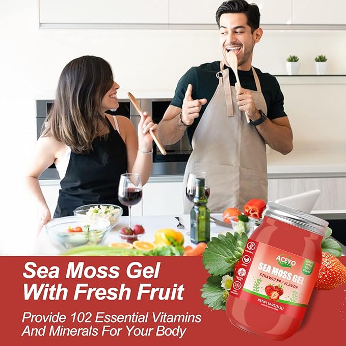 ACEYO (18 OZ) Irish Sea Moss Gel Raw Vegan Strawberry Flavor 102 Vitamins and Minerals Wild Harvested Non-GMO Immune Defense Booster Thyroid Digestive Support