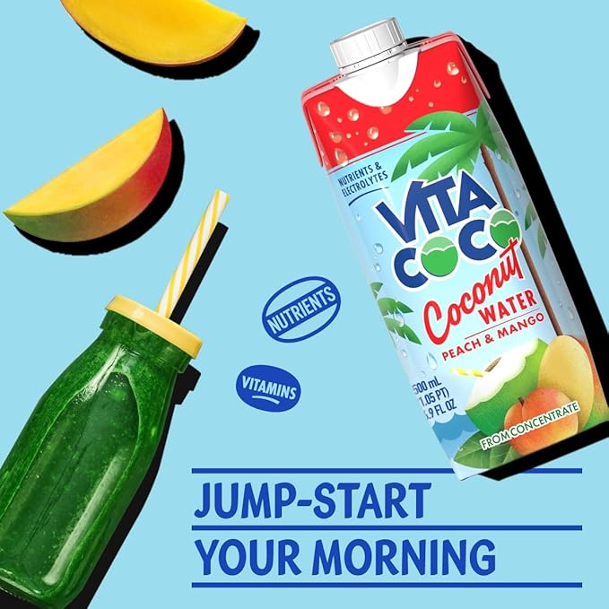 Vita Coco Coconut Water, Peach & Mango - Naturally Hydrating Electrolyte Drink - Smart Alternative to Coffee, Soda, and Sports Drinks - Gluten Free - 16.9 Fl Oz (Pack of 12)