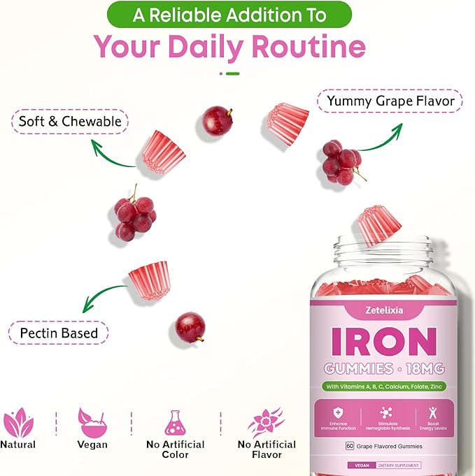 Vegan 2 Pack Iron Supplement Gummies for Women & Men, Anemia, Blood Builder & Energy Support for Iron Deficiency, with Vitamin C, A, B Complex, Folate, Beet Root, CoQ10, Zinc, Sugar Free, 120 Count