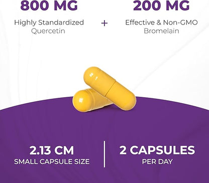 Sandhu's Quercetin with Bromelain Vegetarian Capsules Supplements 120 Count (Pack of 1) | Bioflavonoids for Immune Support & Respiratory Health, Seasonal Allergy Support | Quercitin for Men and Women