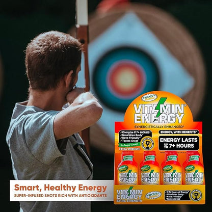 Vitamin Energy Focus+ Extra Strength Energy Shot Mango 24 Pack, 260mg Natural Caffeine, B-Vitamins, CoQ10, Amino Acids, Focus, Productivity & Clarity, Zero Sugar, Gluten-Free, 1.93 fl oz