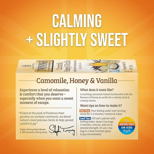 Twinings Camomile, Honey & Vanilla Herbal Tea individually Wrapped Bags, 20 Count (Pack of 1), Naturally Caffeine-Free, Enjoy Hot or Iced, 20 Teabags
