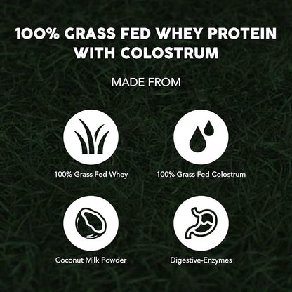 Paleovalley 100% Grassfed Whey Protein Powder with Colostrum, 13g Protein, Chocolate, Muscle Building, Immune Support, Gut Health, 30 Servings