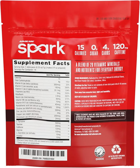 AdvoCare Spark Vitamin & Amino Acid Supplement - Focus & Energy Drink Powder Mix with Vitamin A, B-6, C & E - Also Includes L-Carnitine & L-Tyrosine - Cherry, 14 Stick Packs