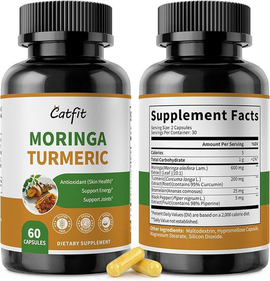 2 Pack Moringa Capsules, Moringa Powder with Turmeric, Bromelain and Black Pepper, 4-in-1 Superfood for Energy, Immune, Digestion and Antioxidant Support, Vegan, Gluten-Free, 120 Count
