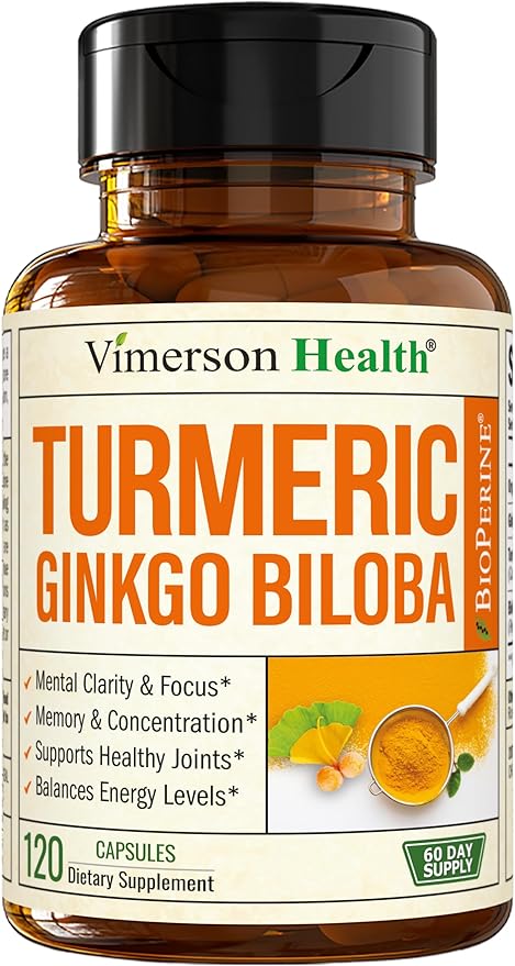 Turmeric Curcumin Supplement with Ginkgo Biloba & Black Pepper – Natural Turmeric Supplement with Organic Tumeric for Joint Support, Brain Clarity, Focus & Memory – Vegan, 120 Ginko Biloba Capsules