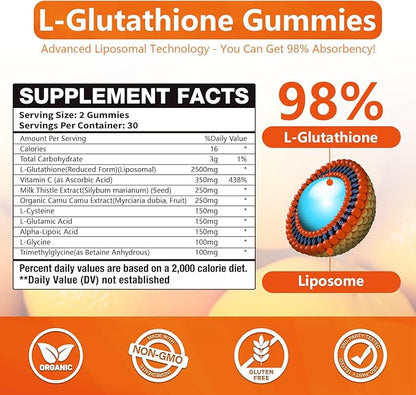 1 Pack 2500MG Liposome Glutathione Gummies, Composite L-Cysteine, L-Glycine Synergies, Collocation Milk Thistle Protect Liver, Increas 98% Absorption Rate, Whitening Skin Antioxidant Anti-Aging