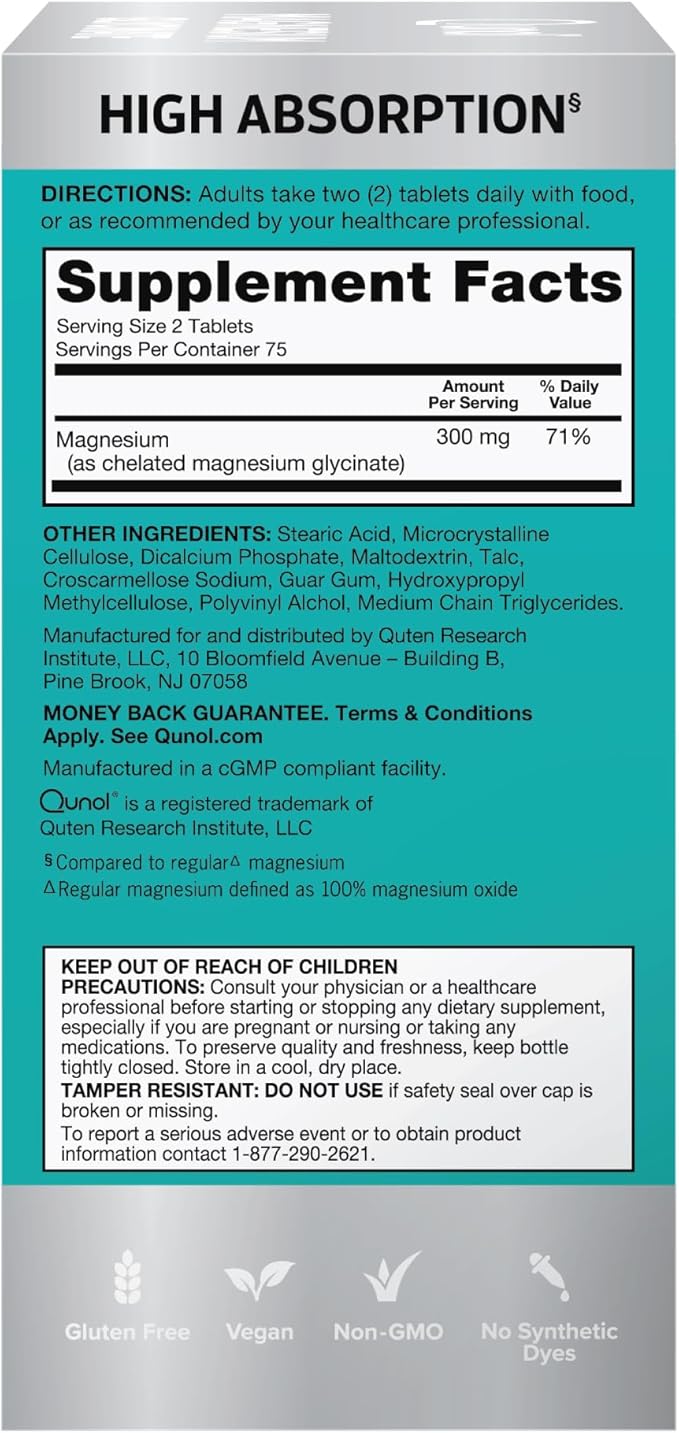 Qunol Magnesium Glycinate 300mg, 100% Glycinate Chelated Magnesium Supplement, 150ct Tablets
