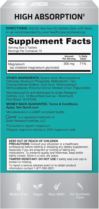 Qunol Magnesium Glycinate 300mg, 100% Glycinate Chelated Magnesium Supplement, 150ct Tablets