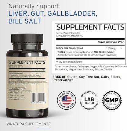 TUDCA Milk Thistle 1250mg - Tudca Supplement, Tudca Bile Salts, Liver Support, Gallbladder Supplements *USA Made and Tested* Bile Salts Supplement - 90 Capsules