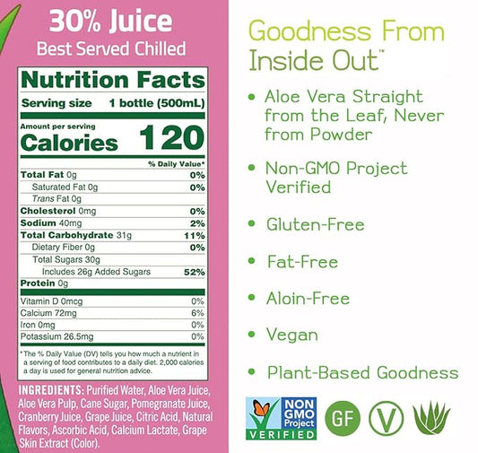 ALO Aloe Vera Juice Drink | ENRICH - Pomegranate + Cranberry | 16.9 fl oz, Pack of 12 | Plant-Based Drink with Real Aloe Pulp