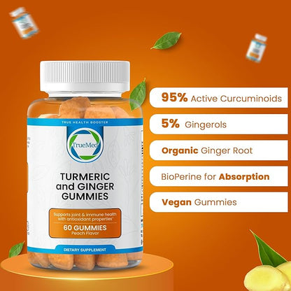 Turmeric and Ginger Supplement Gummies, Organic Turmeric Curcumin,95% Curcuminoids 5% Gingerols Root, Joint Health & Inflammation Support with Black Pepper Extract, Peach Flavor, USA Made -60 Count
