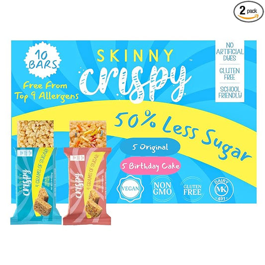 Skinny Crispy Variety Rice Treats – Birthday Cake (5) & Vanilla (5), Low Sugar (4g), Vegan, Gluten-Free, Dairy-Free, Non-GMO, Top 9 Allergen-Free, Healthy Snack Bars, 10 Count