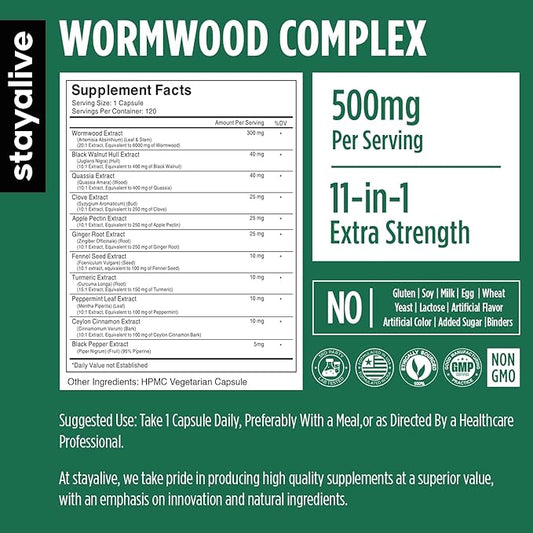 STAY ALIVE Wormwood Black Walnut Clove Cleanse Extract, 11-in-1 Extra Strength Complex, 120 Pills, Herbal Supplement for Adults, Vegan, Non-GMO & Gluten Free Sweet Wormwood Capsules