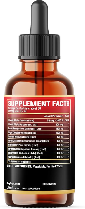 10in1 Lemon Balm Tincture - 3300mg Lemon Balm Leaf Extract Liquid Drops with Ginger Root, Turmeric Liquid, Ceylon Cinnamon, Vitamin D3, K2-1Fl Oz - 60 Servings