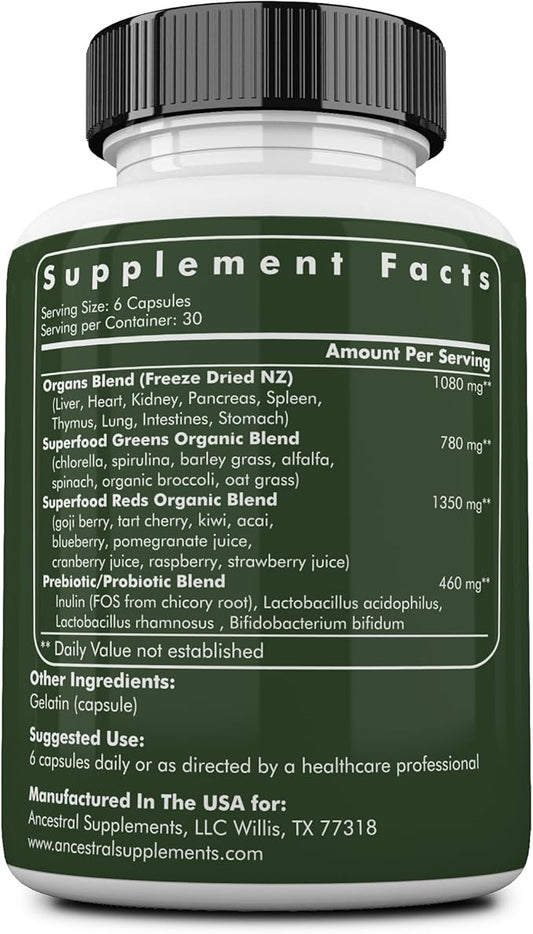 Ancestral Supplements Greens Powder Capsules, Organic Superfood Greens & Reds Blend with Spirulina, Chlorella, Grass Fed Beef Organs, and Probiotics for Gut Health, Non GMO, 612mg Each, 180 Count