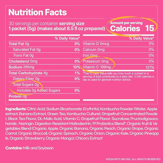 SUNMANC Kombucha 30 packets, Sparkling Probiotic Fermented Drink, Convenient Powdered Drink Mix, Tea Powder, Low Calories, Sugar 0g, Low Caffeine (Grapefruit)