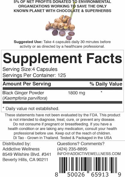 Addictive Wellness Black Ginger Capsules 450mg, Kaempferia Parviflora Supplement to Support Energy, Metabolism, Endurance & Performance, Thai Black Ginger for Men, Vegan & Paleo, 500 Count