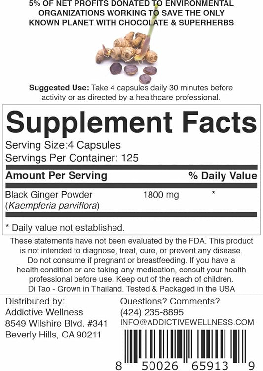 Addictive Wellness Black Ginger Capsules 450mg, Kaempferia Parviflora Supplement to Support Energy, Metabolism, Endurance & Performance, Thai Black Ginger for Men, Vegan & Paleo, 500 Count