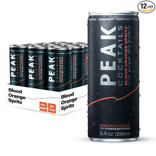 Peak Cocktails Non-Alcoholic Cocktail | Adaptogens, Nootropics, Superfoods for Recovery, Calm, Sleep | Ashwagandha, Tart Cherry, L-Theanine | Mixologist-crafted | Blood Orange Spritz | 8.4 oz, 12-Pack