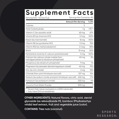 Sports Research® Hydrate Electrolytes Powder - Sugar-Free & Naturally Flavored with Vitamins, Minerals, and Coconut Water - Supports Hydration - Cherry Pomegranate - 90 Servings