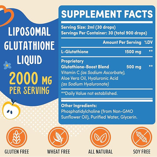 2000MG Liposomal Glutathione Liquid, 98% Absorption, Active Form L-Glutathione Supplement, Vegan Friendly, Powerful Antioxidant Complex for Immune System, Aging Defense, Detox,8 FL.OZ