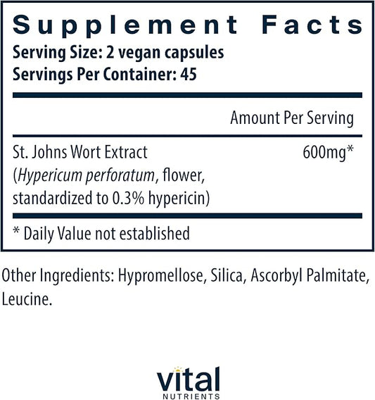 Vital Nutrients St John's Wort 600mg | Vegan St John's Wort Supplement to Promote Overall Well-Being, Healthy Outlook* | Potent 3% Hypericin| Gluten, Dairy, Soy Free | Non-GMO | 90 Capsules
