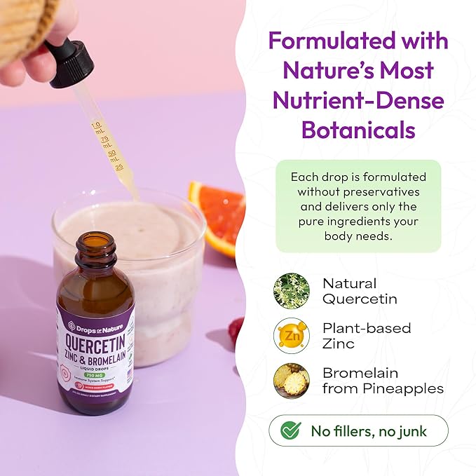 Quercetin with Bromelain & Zinc (5mg) Liquid Drops – Immune Support for Adults & Kids – Ultra-Concentrated Bioflavonoids – Immune Defense – Cellular Health – Vegan, Non-GMO, Gluten Free – 2 Fl Oz