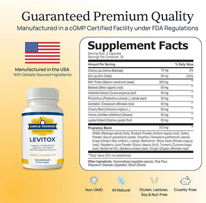 Simple Promise Levitox - Liver Detox Supplement with Milk Thistle, Dandelion Root and Artichoke Extract - Supports Liver Health, Metabolism and Digestion - 60 Capsules