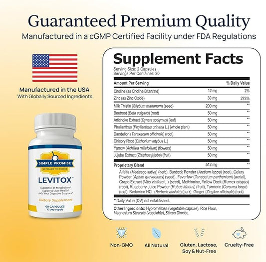 Simple Promise Levitox - Liver Detox Supplement with Milk Thistle, Dandelion Root and Artichoke Extract - Supports Liver Health, Metabolism and Digestion - 60 Capsules