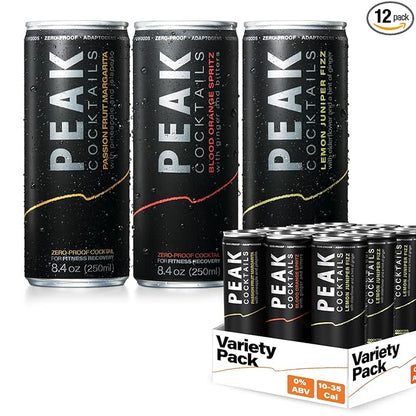 Peak Cocktails Non-Alcoholic Cocktail | Adaptogens, Nootropics, Superfoods for Recovery, Calm, Sleep | Ashwagandha, Tart Cherry, L-Theanine | Mixologist-crafted | 8.4 oz, 12-Pack Variety Pack