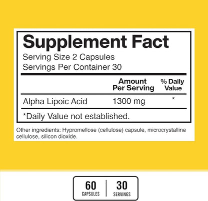 American Standard Supplements Alpha Lipoic Acid 1300mg Per Serving - Vegan, Gluten Free, Non-GMO, 60 Capsules, 30 Servings