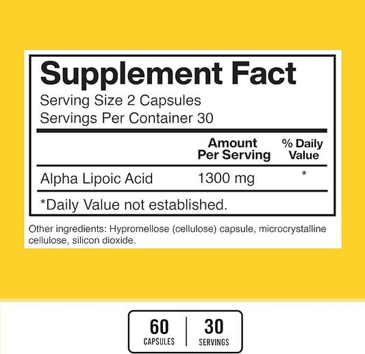 American Standard Supplements Alpha Lipoic Acid 1300mg Per Serving - Vegan, Gluten Free, Non-GMO, 60 Capsules, 30 Servings