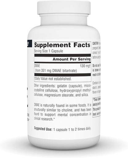 Source Naturals DMAE, Dimethylaminoethanol Bitartrate - Supports Mental Concentration - 200 Capsules