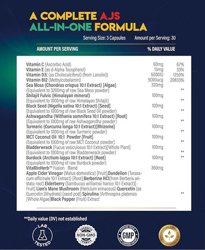 AJS Sea Moss Capsules 3200mg, Himalayan Shilajit 1000mg with Black Seed Oil, Ashwagandha, Turmeric, Bladderwrack, Burdock, Vitamins, Berberine, Lion’s Mane Mushroom, Elderberry- 90 Caps