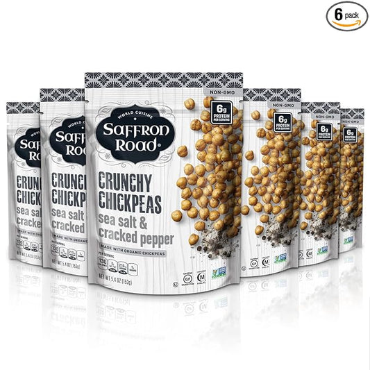 Saffron Road Roasted and Crunchy Sea Salt and Cracked Pepper Chickpeas | High Protein Snacks | Gluten-free, Vegan, Non-GMO, and Certified Halal and Kosher | 5.4oz Pouch | Pack of 6